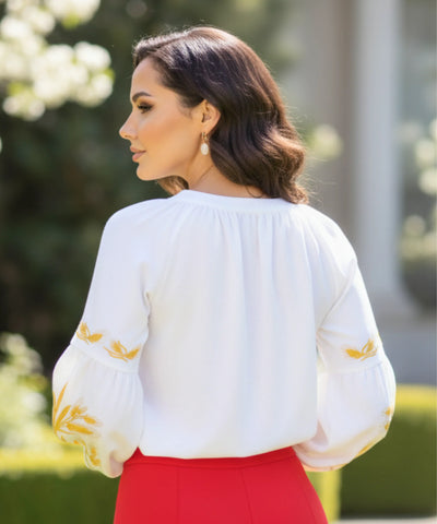 Comprar blusa feminina manga bufante bordada decote canoa elegante casual barato ou em promoção