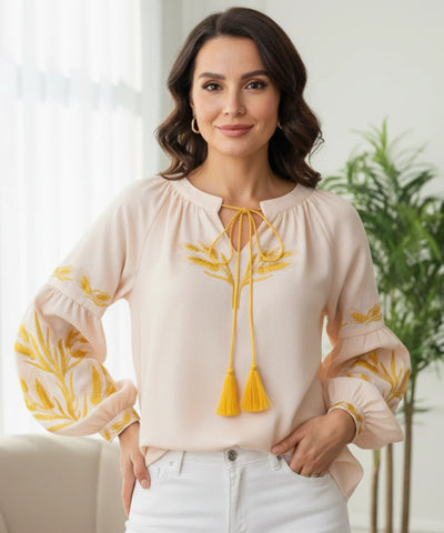 Comprar blusa feminina manga bufante bordada decote canoa elegante casual barato ou em promoção