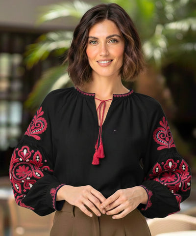 Comprar blusa feminina manga bufante bordada decote canoa elegante casual barato ou em promoção