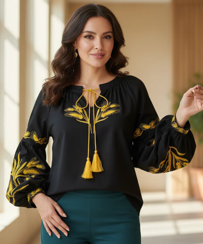 Comprar blusa feminina manga bufante bordada decote canoa elegante casual barato ou em promoção