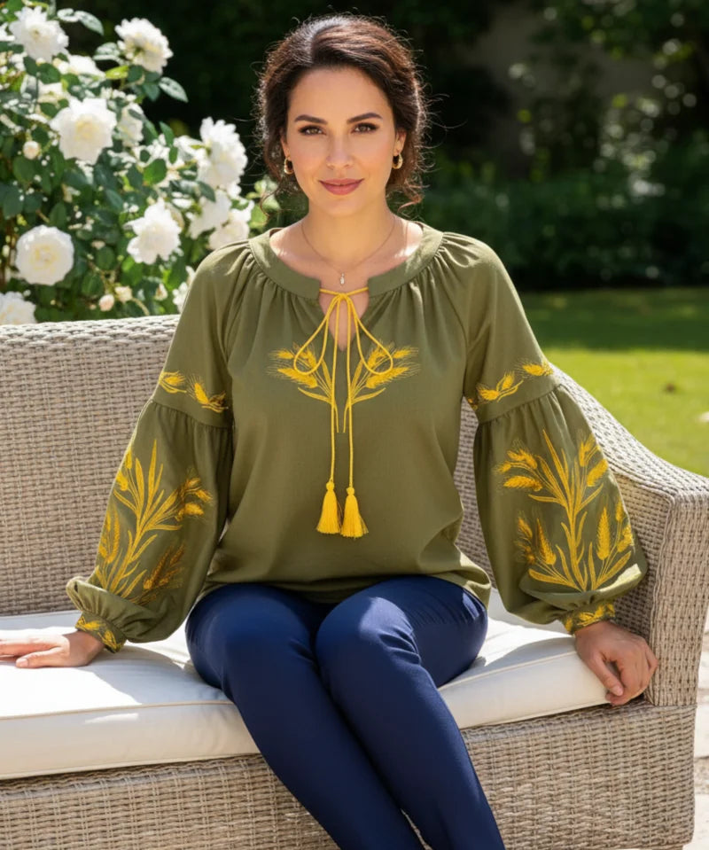Comprar blusa feminina manga bufante bordada decote canoa elegante casual barato ou em promoção