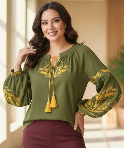 Comprar blusa feminina manga bufante bordada decote canoa elegante casual barato ou em promoção