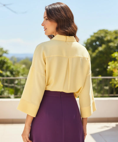 Comprar blusa feminina manga longa algodão linho amarelo modelagem ampla casual trabalho barato ou em promoção ZARA
