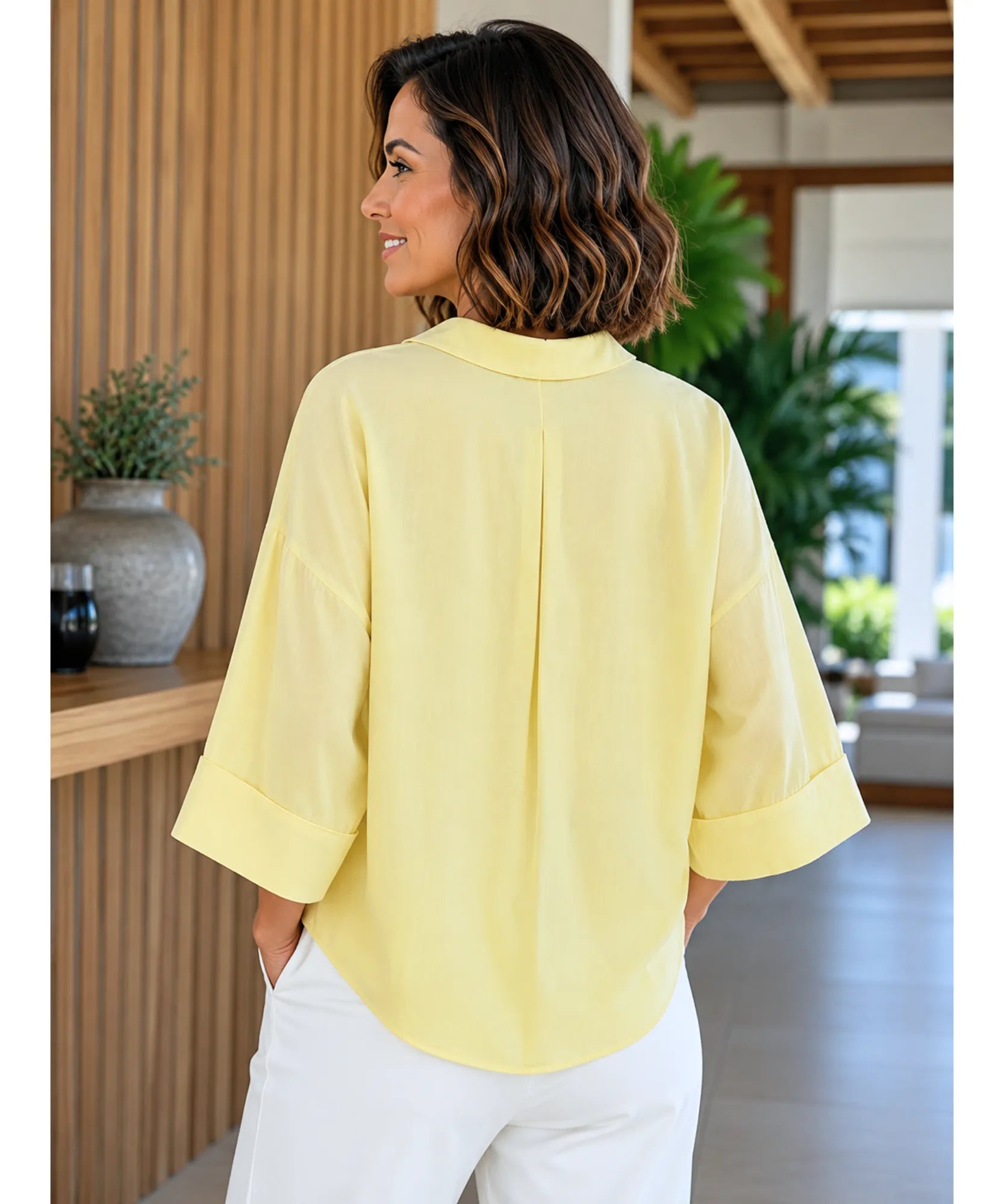Comprar blusa feminina manga longa algodão linho modelagem ampla casual trabalho barato ou em promoção ANELLIMN
