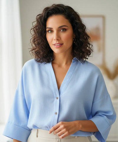 Comprar blusa feminina manga longa algodão linho azul modelagem ampla casual trabalho barato ou em promoção ZARA
