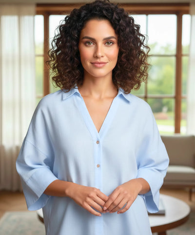 Comprar blusa feminina manga longa algodão linho azul modelagem ampla casual trabalho barato ou em promoção ZARA
