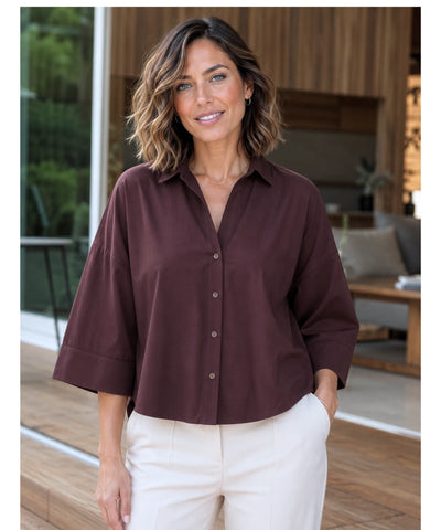 Comprar blusa feminina manga longa algodão linho modelagem ampla casual trabalho barato ou em promoção ANELLIMN