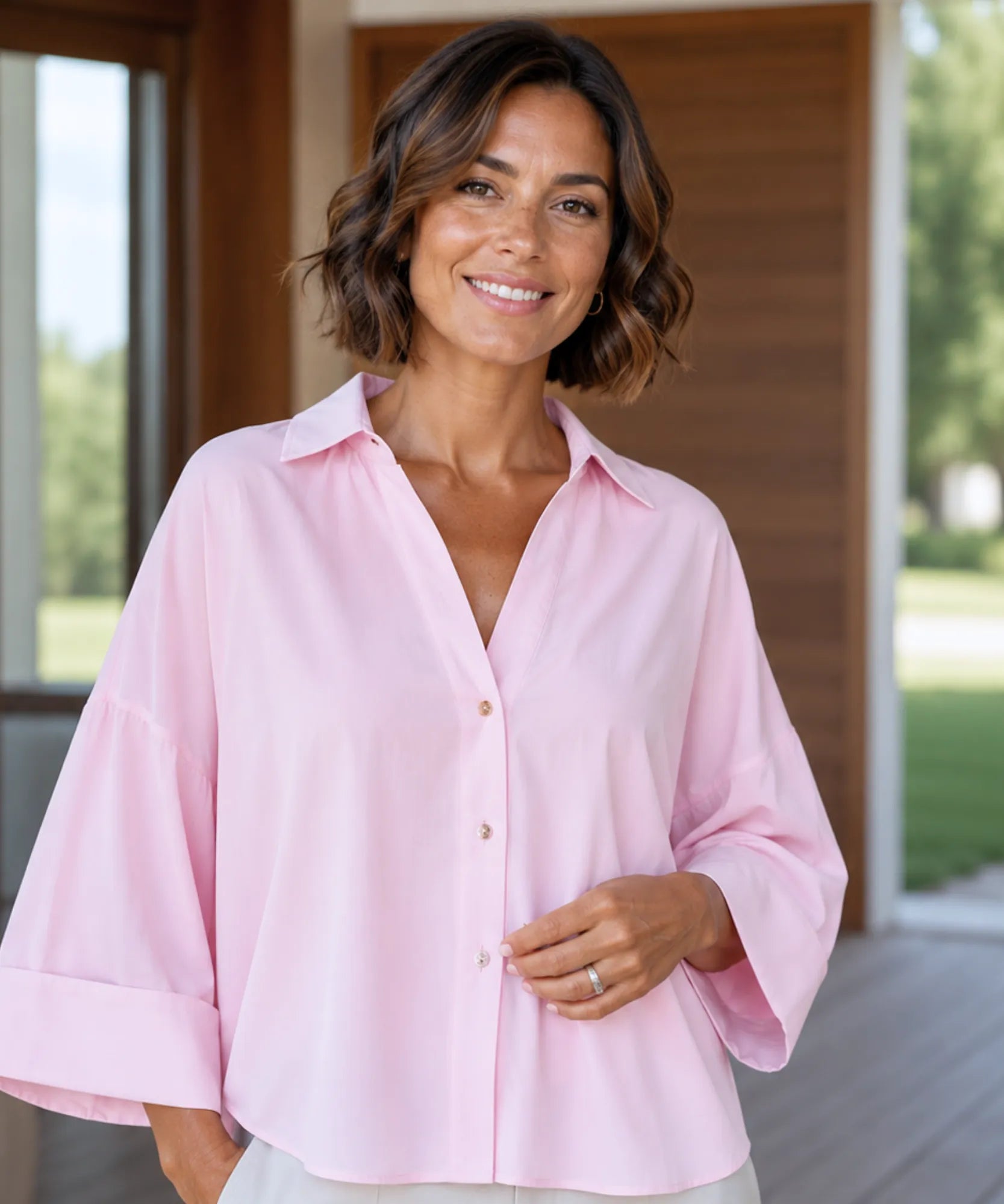 Comprar blusa feminina manga longa algodão linho modelagem ampla casual trabalho barato ou em promoção ANELLIMN