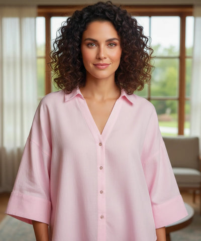 Comprar blusa feminina manga longa algodão linho rosa modelagem ampla casual trabalho barato ou em promoção ZARA
