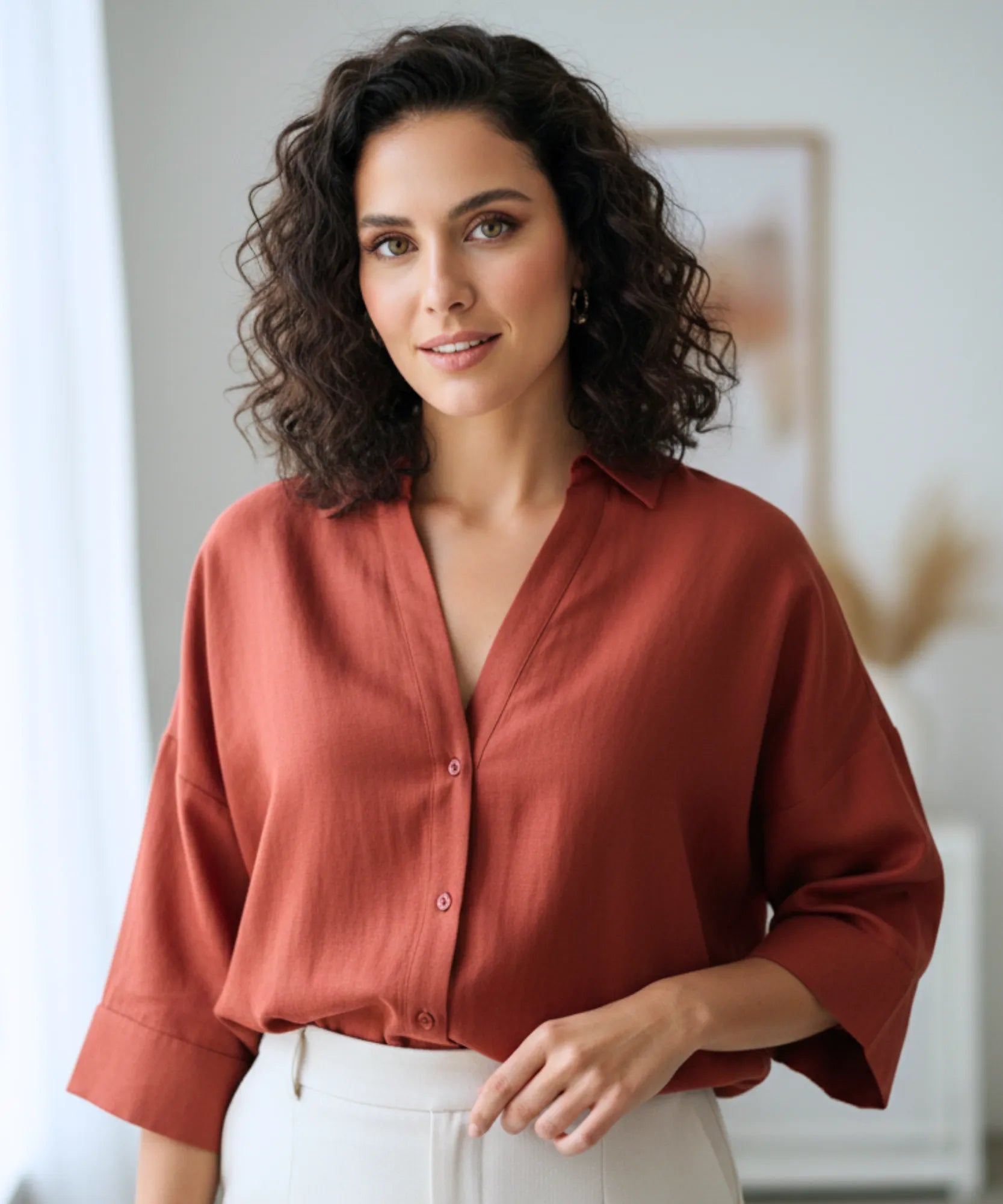 Comprar blusa feminina manga longa algodão linho terracota modelagem ampla casual trabalho barato ou em promoção ZARA
