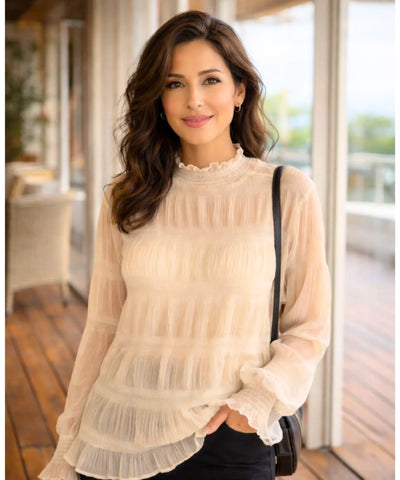 Comprar blusa feminina social manga longa de chiffon com gola alta elegante para looks sofisticados e ocasiões formais ANELLIMN