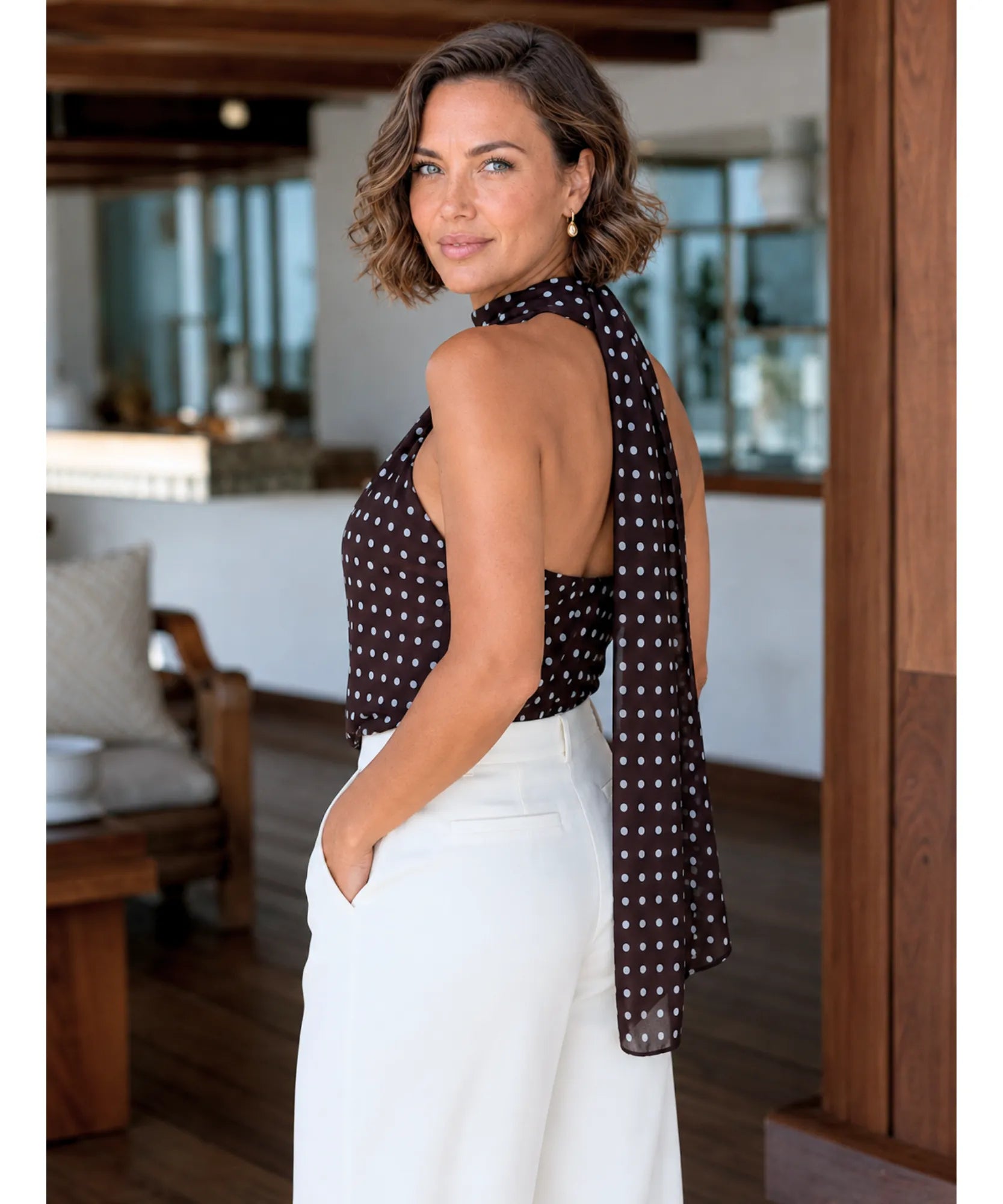 Comprar blusa feminina marrom com estampa de poá frente única amarração transparente elegante barato ou em promoção ZARA