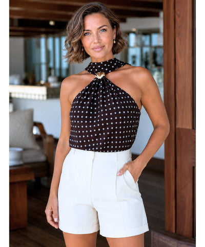 Comprar blusa feminina marrom com estampa de poá frente única amarração transparente elegante barato ou em promoção ZARA