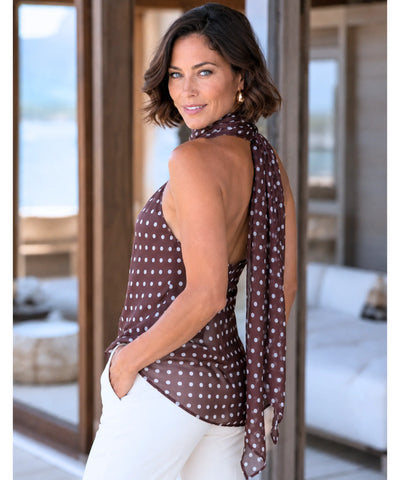 Comprar blusa feminina marrom com estampa de poá frente única amarração transparente elegante barato ou em promoção ZARA