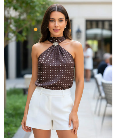 Blusa Feminina Marrom Poá Frente Única Elegante | Vicki