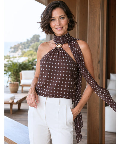 Comprar blusa feminina marrom com estampa de poá frente única amarração transparente elegante barato ou em promoção ZARA