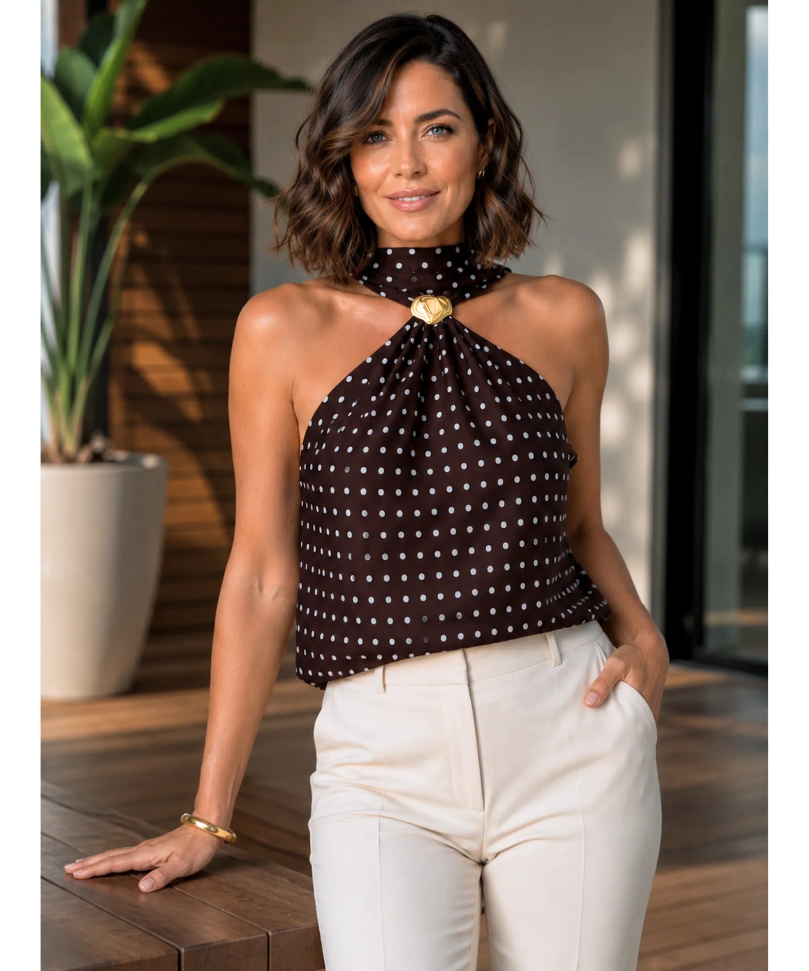 Comprar blusa feminina marrom com estampa de poá frente única amarração transparente elegante barato ou em promoção ZARA