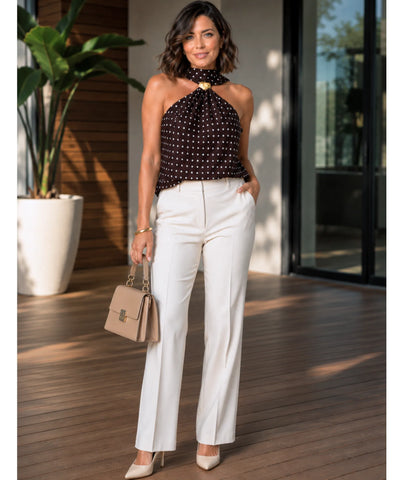 Comprar blusa feminina marrom com estampa de poá frente única amarração transparente elegante barato ou em promoção ZARA