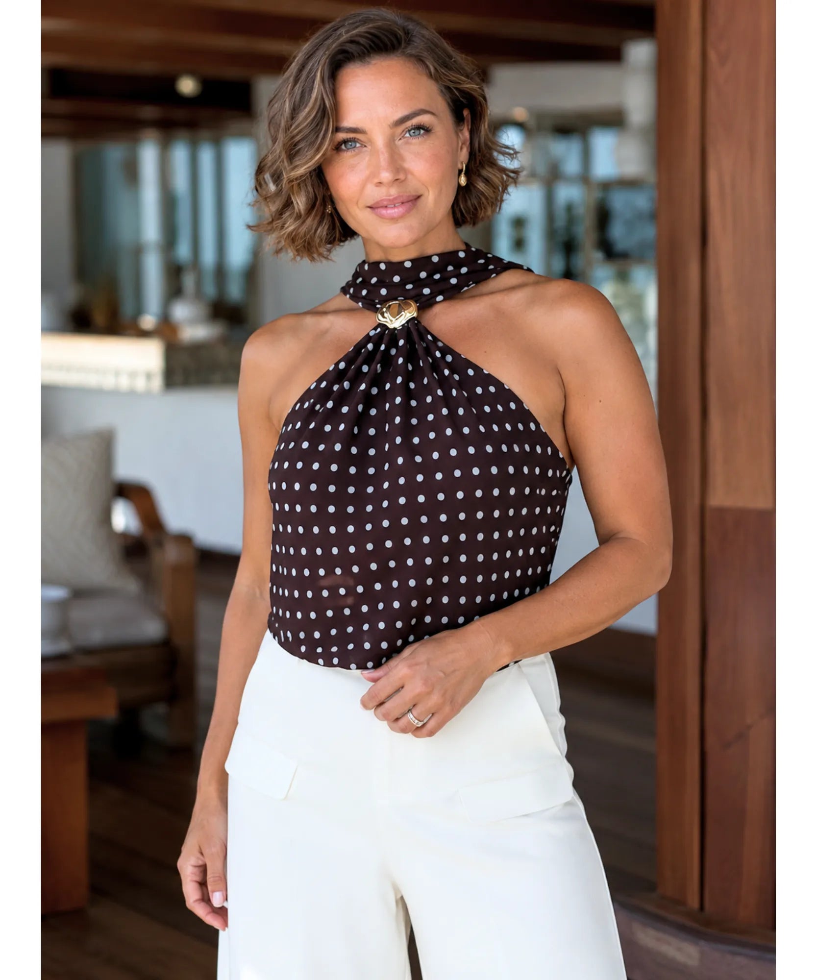 Comprar blusa feminina marrom com estampa de poá frente única amarração transparente elegante barato ou em promoção ZARA