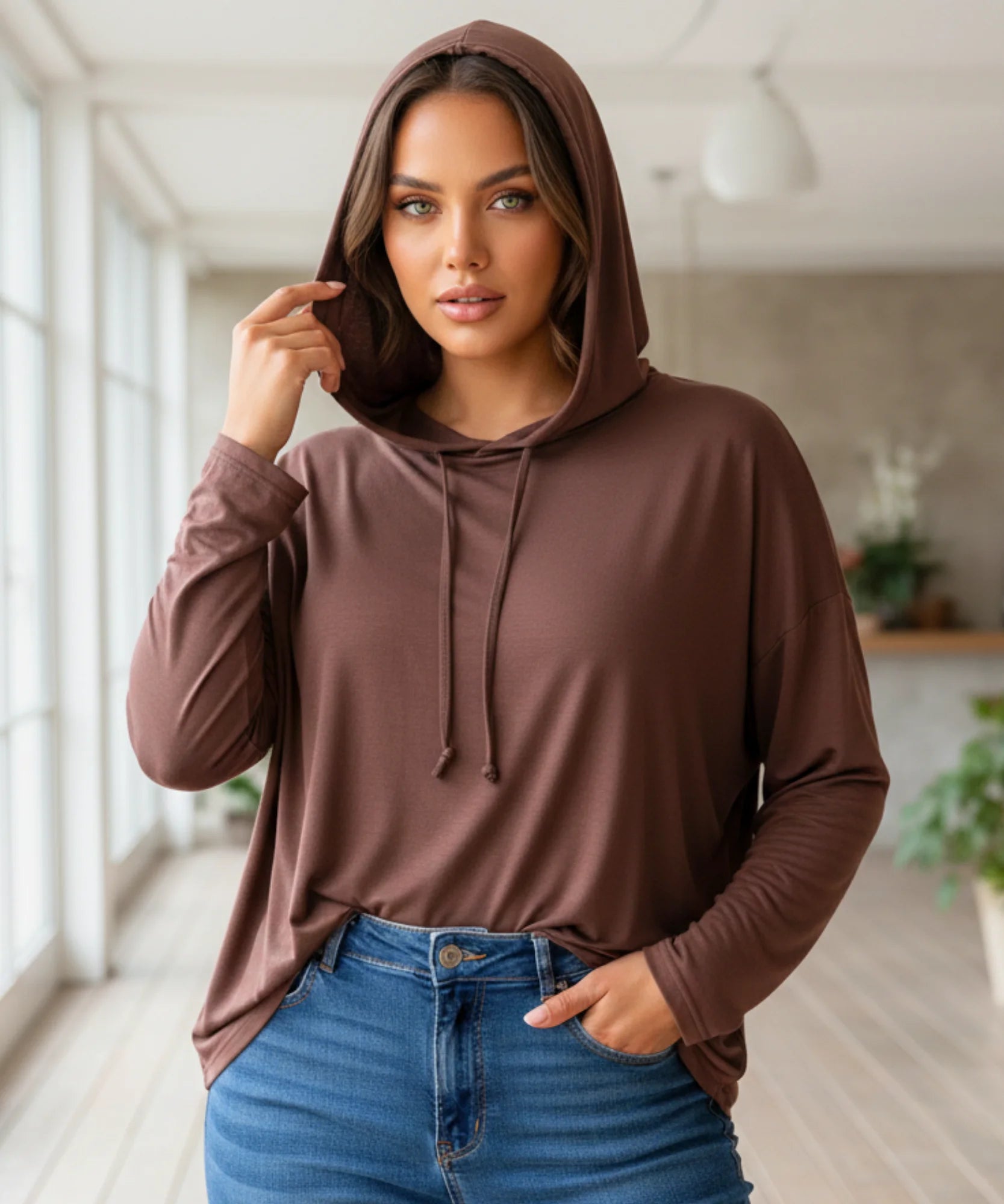 Comprar Blusa feminina modal manga longa com capuz oversized confortável respirável barato