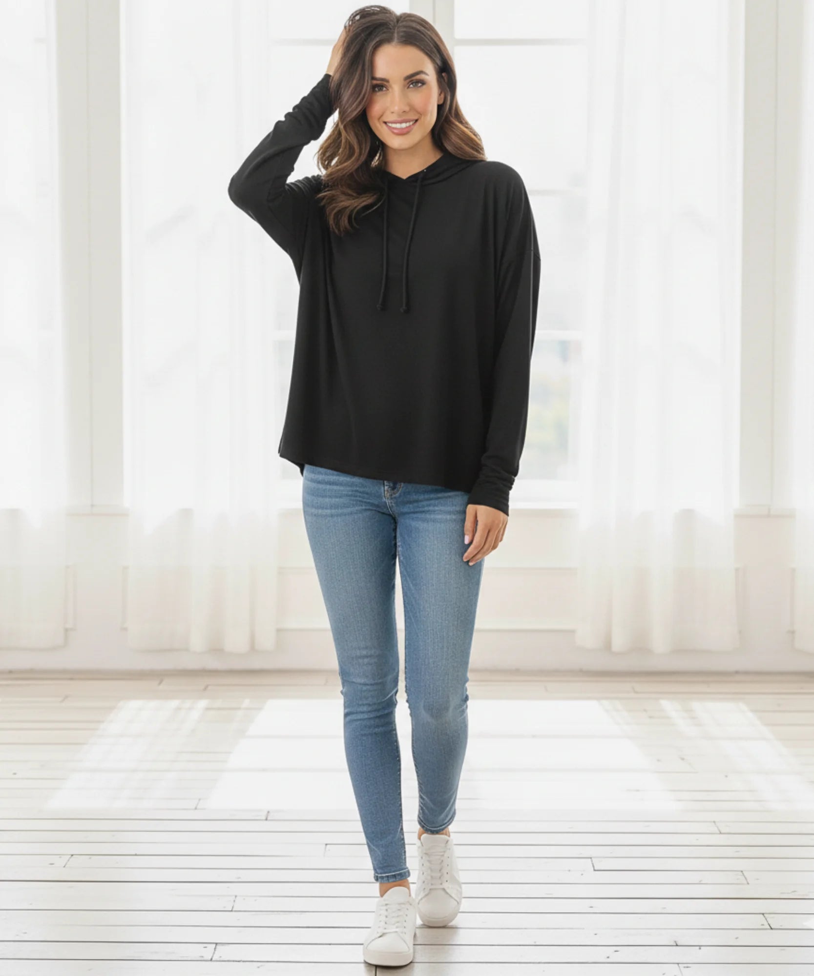 Comprar Blusa feminina modal manga longa com capuz oversized confortável respirável barato