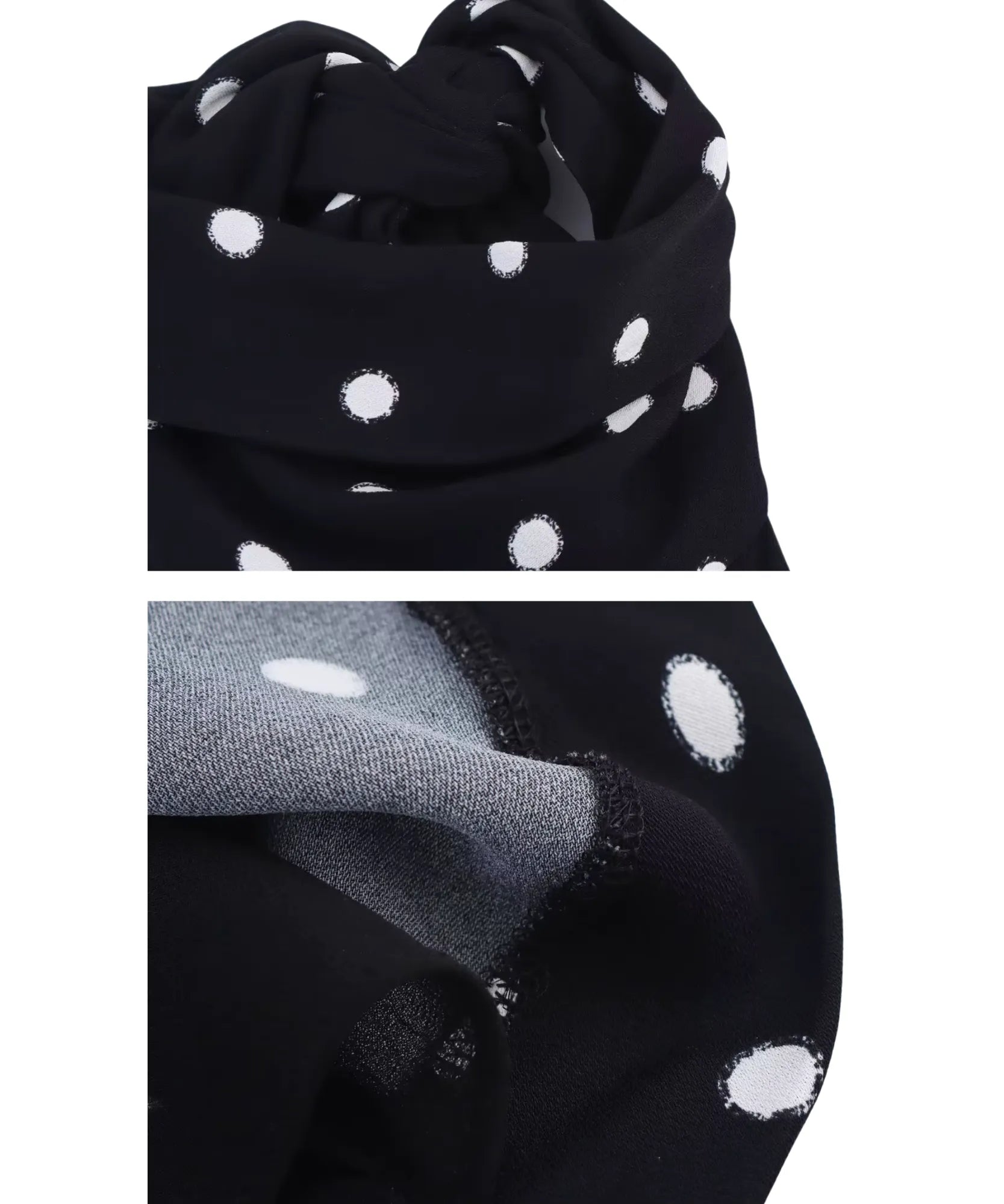 Blusa feminina preta poá frente única Nise - detalhe do tecido crepe georgette com poá
