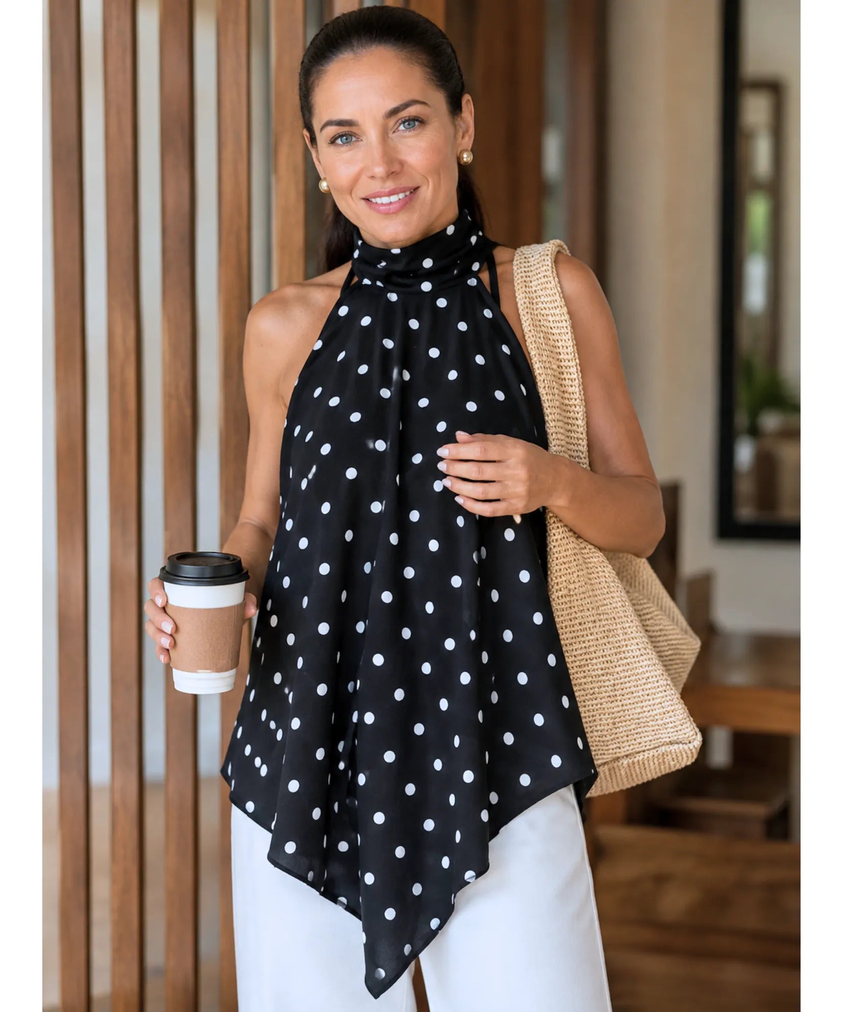 Blusa feminina preta poá frente única Nise - look casual com bolsa e café