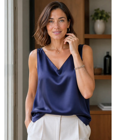 Comprar blusa feminina social de cetim com decote para looks sofisticados de trabalho ou eventos noturnos barato ANELLIMN
