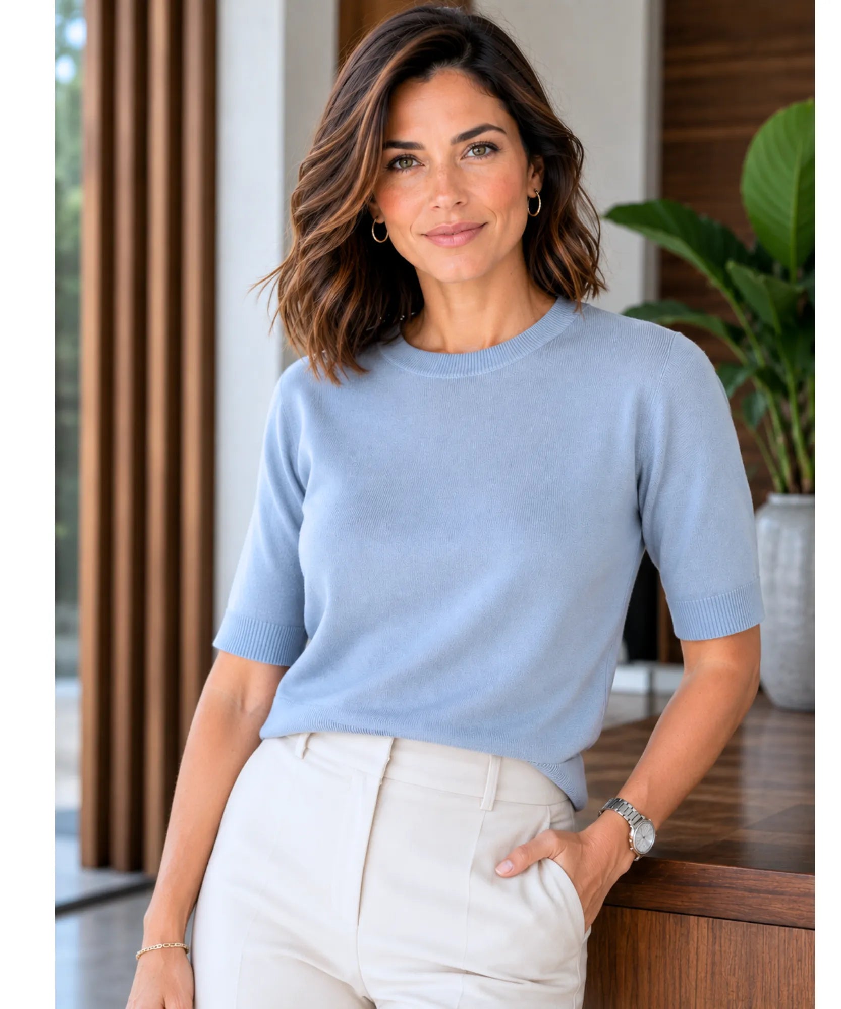 Comprar blusa feminina de tricot modal gola estruturada elegante para looks versáteis no dia a dia ou em ambientes casuais refinados barato ANELLIMN