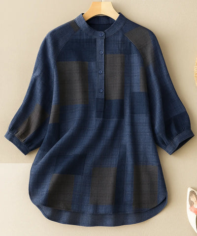Comprar blusa feminina xadrez algodão gola padre manga 3/4 solta confortável casual barato ou em promoção