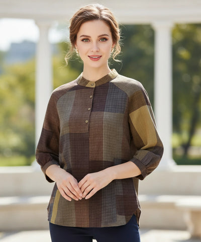 Comprar blusa feminina xadrez algodão gola padre manga 3/4 solta confortável casual barato ou em promoção