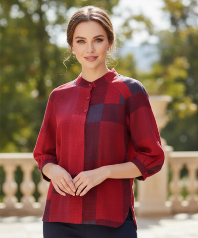 Comprar blusa feminina xadrez algodão gola padre manga 3/4 solta confortável casual barato ou em promoção