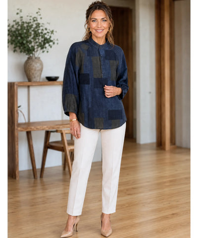 Comprar blusa feminina xadrez algodão gola padre manga 3/4 solta confortável casual barato ou em promoção ANELLIMN