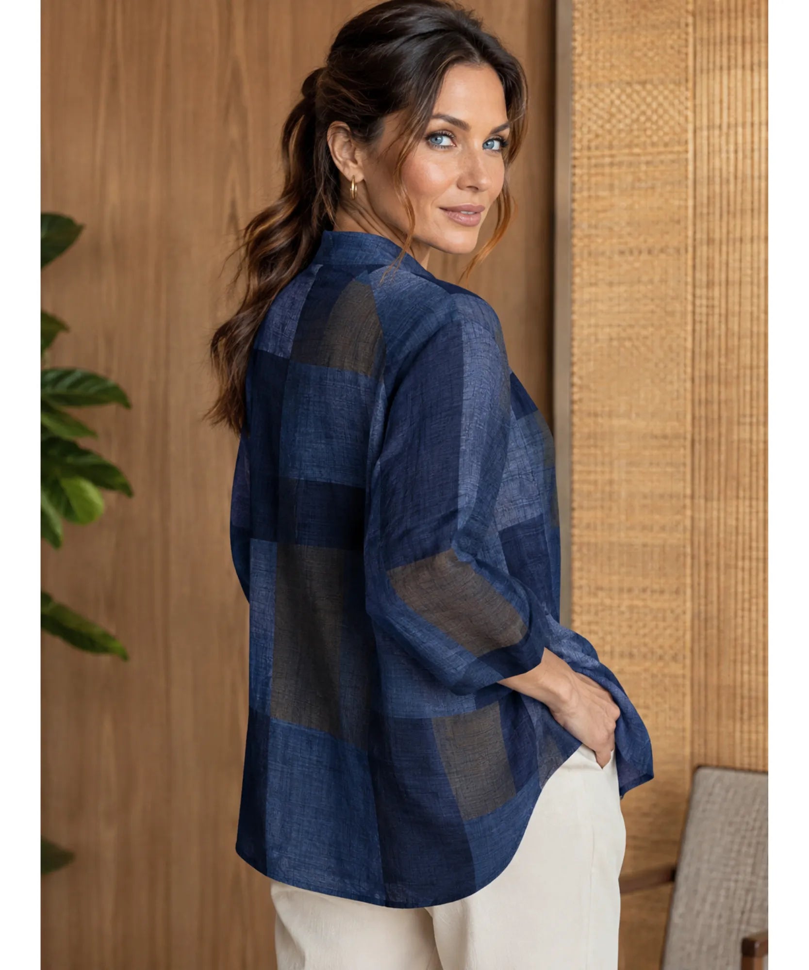 Comprar blusa feminina xadrez algodão gola padre manga 3/4 solta confortável casual barato ou em promoção ANELLIMN