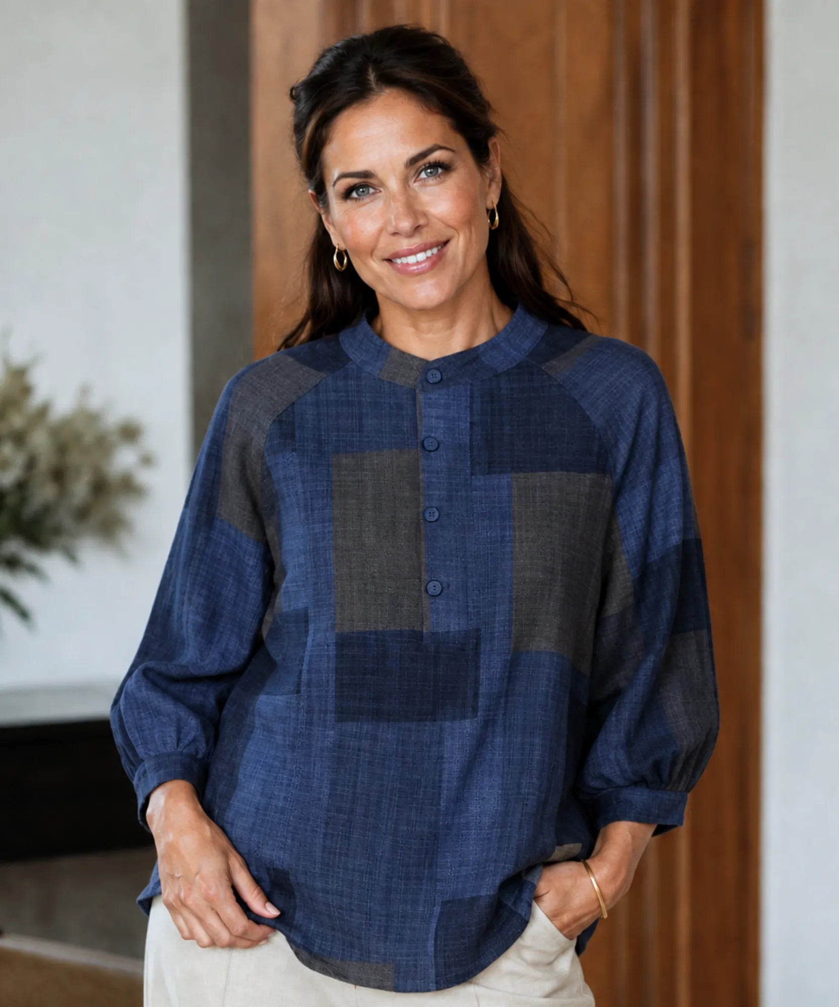 Comprar blusa feminina xadrez algodão gola padre manga 3/4 solta confortável casual barato ou em promoção ANELLIMN