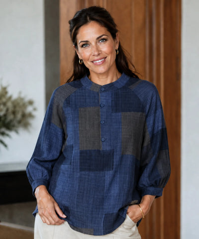 Comprar blusa feminina xadrez algodão gola padre manga 3/4 solta confortável casual barato ou em promoção ANELLIMN