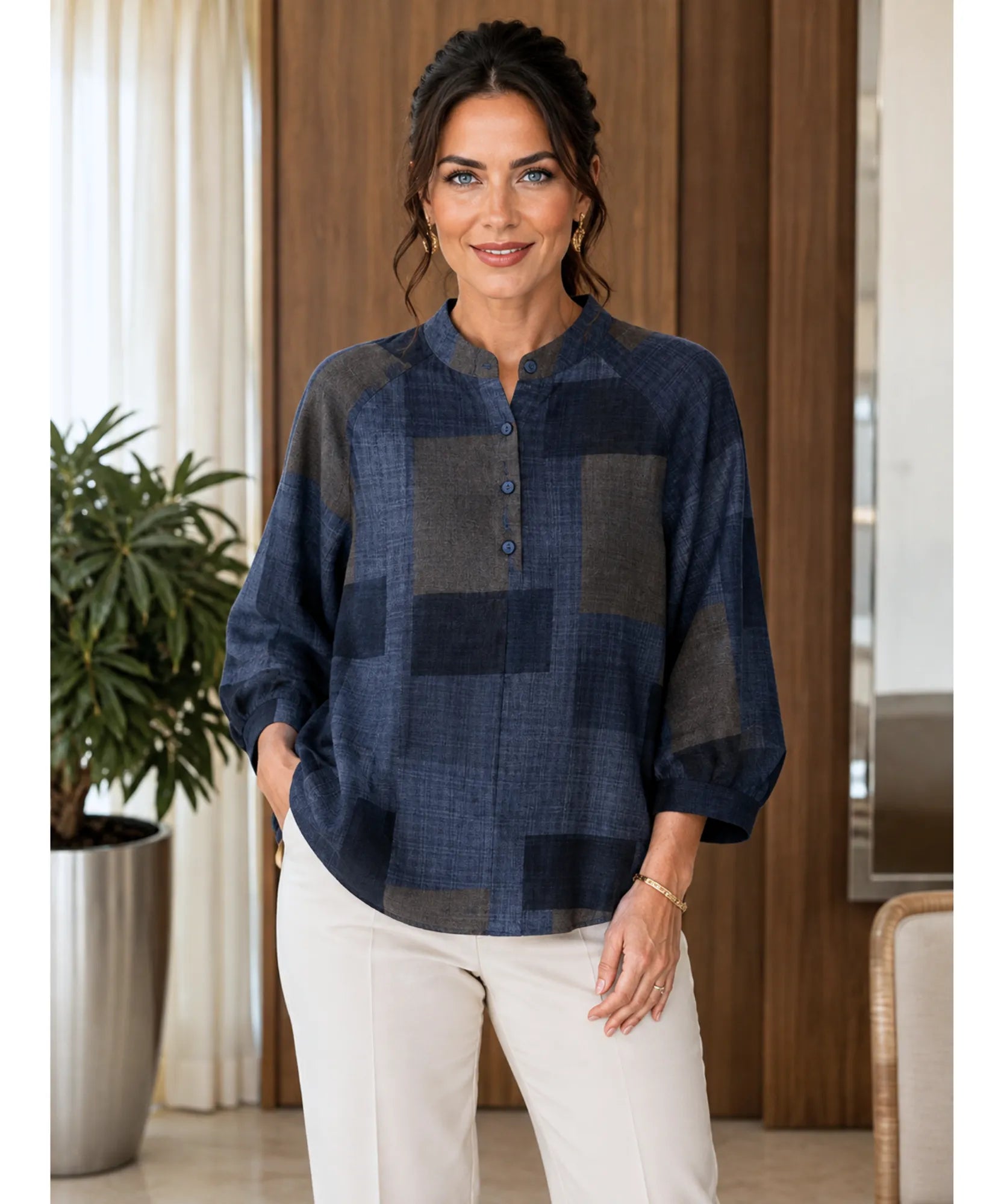 Comprar blusa feminina xadrez algodão gola padre manga 3/4 solta confortável casual barato ou em promoção ANELLIMN