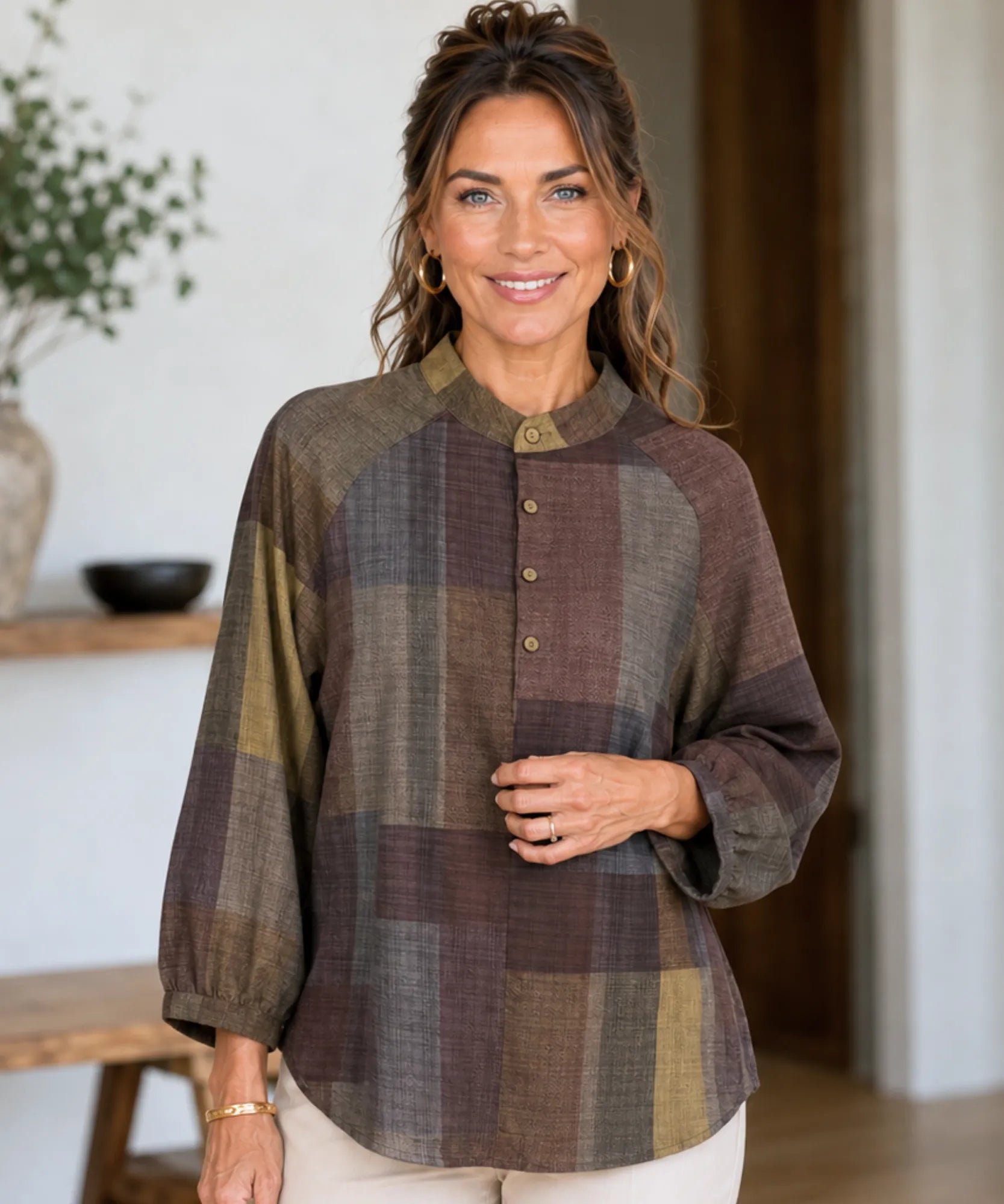 Comprar blusa feminina xadrez algodão gola padre manga 3/4 solta confortável casual barato ou em promoção ANELLIMN