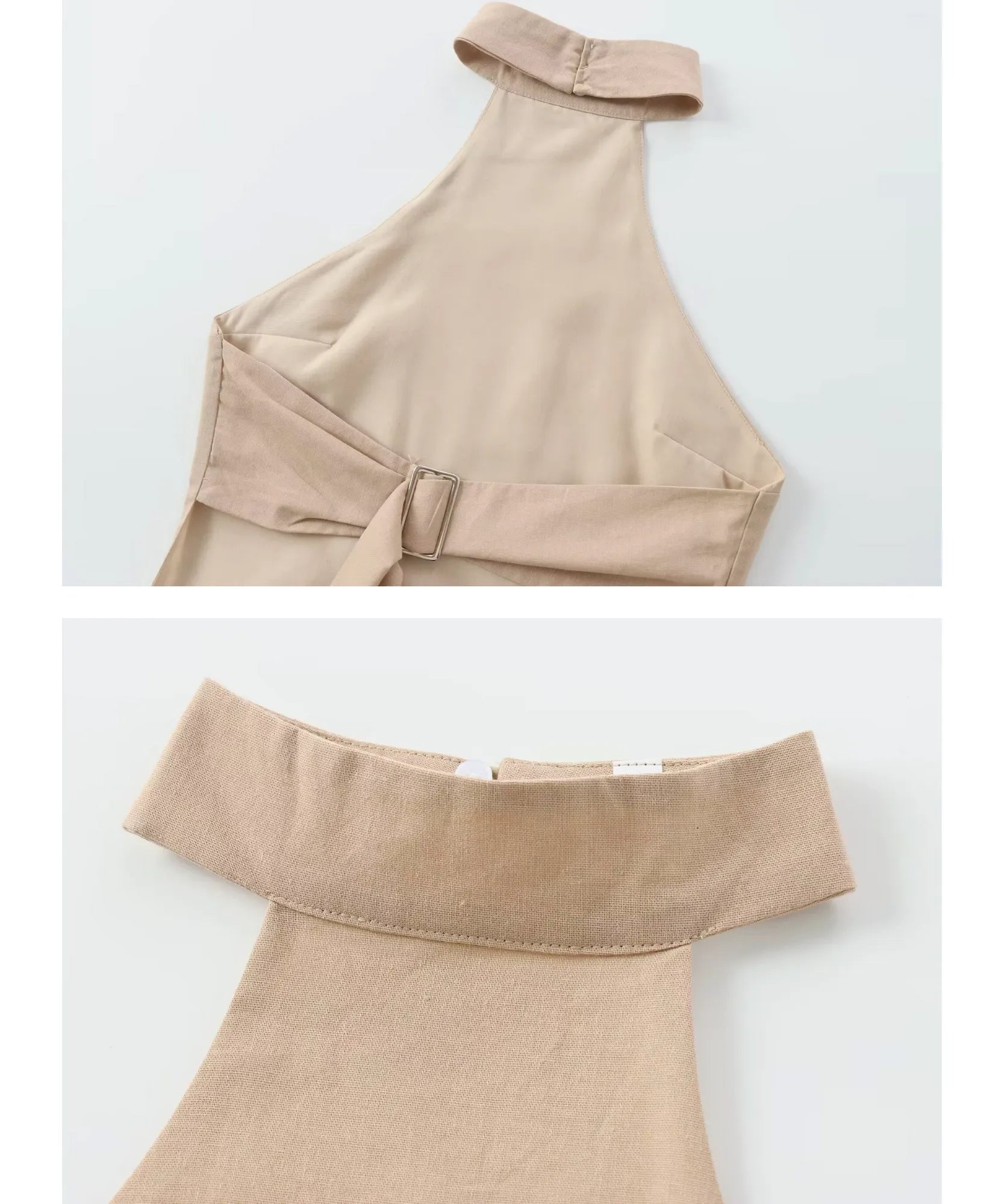 Blusa frente única feminina em linho bege, detalhe da fivela e da gola em flat lay
