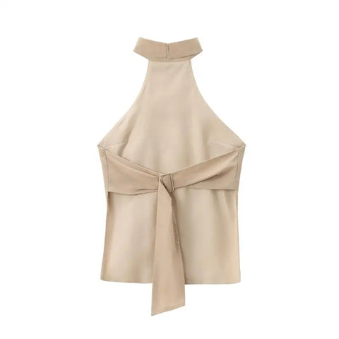 Blusa frente única feminina em linho bege, foto do produto sem modelo