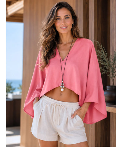 Blusa kimono cropped rosa com manga morcego solta
