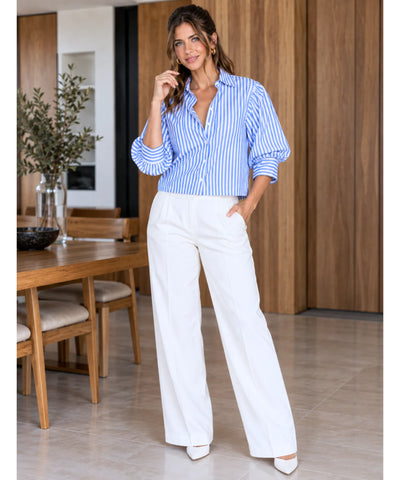 Comprar blusa manga bufante feminina listrada azul em promoção Anellimn