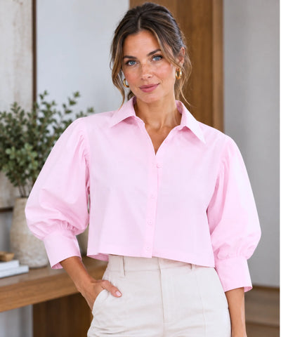Comprar blusa manga bufante feminina com botões rosa em promoção Anellimn