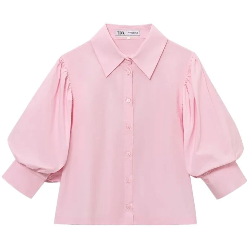 Comprar blusa manga bufante feminina gola de camisa rosa em promoção Anellimn
