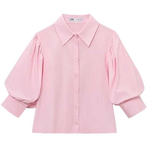 Comprar blusa manga bufante feminina gola de camisa rosa em promoção Anellimn