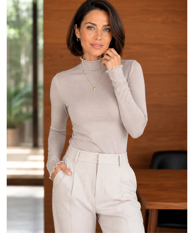 Comprar blusa manga longa malha poliamida gola alta barra ondulada para os dias frios em promoção barato ANELLIMN 