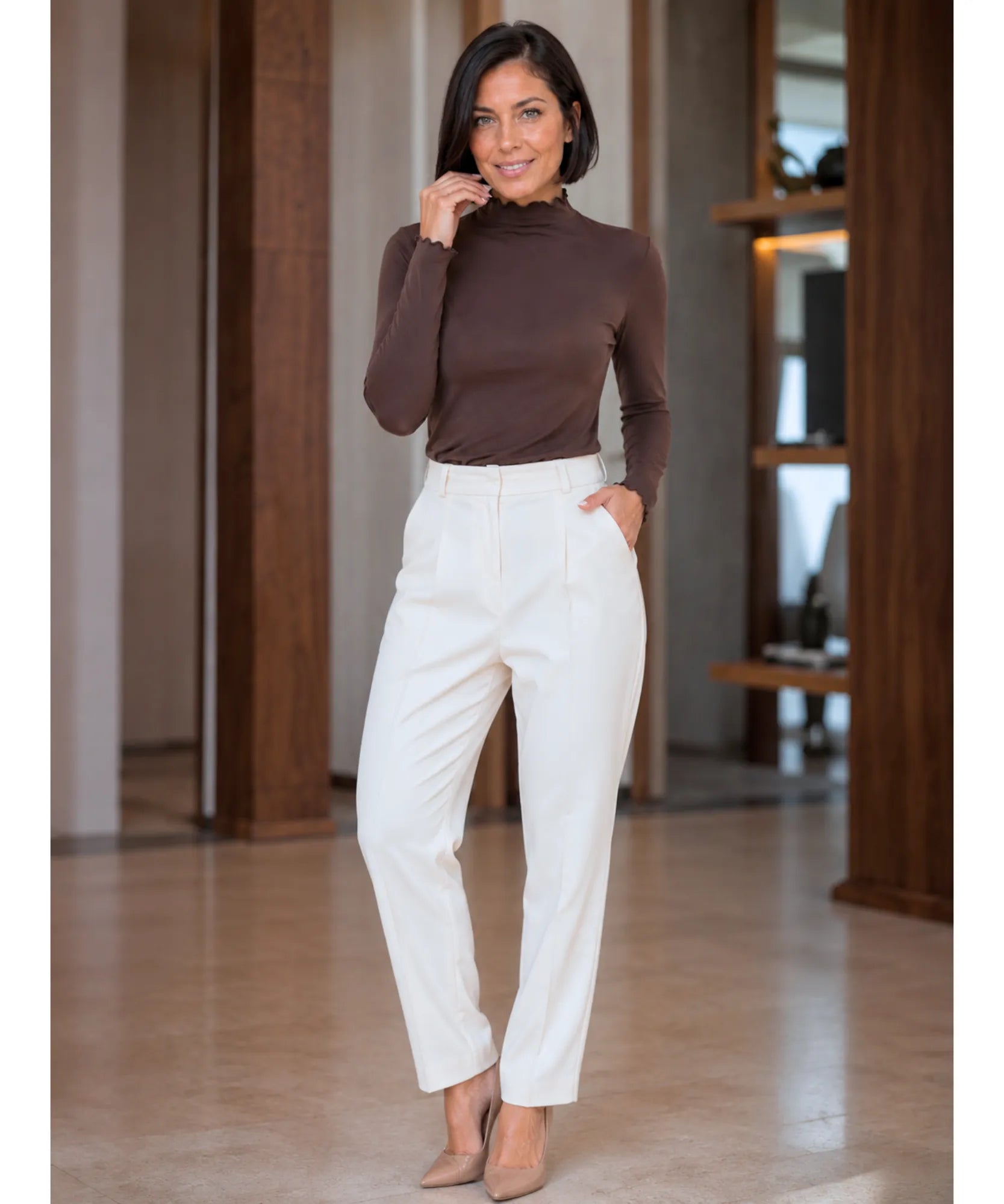 Comprar blusa manga longa malha poliamida gola alta barra ondulada para os dias frios em promoção barato ANELLIMN 