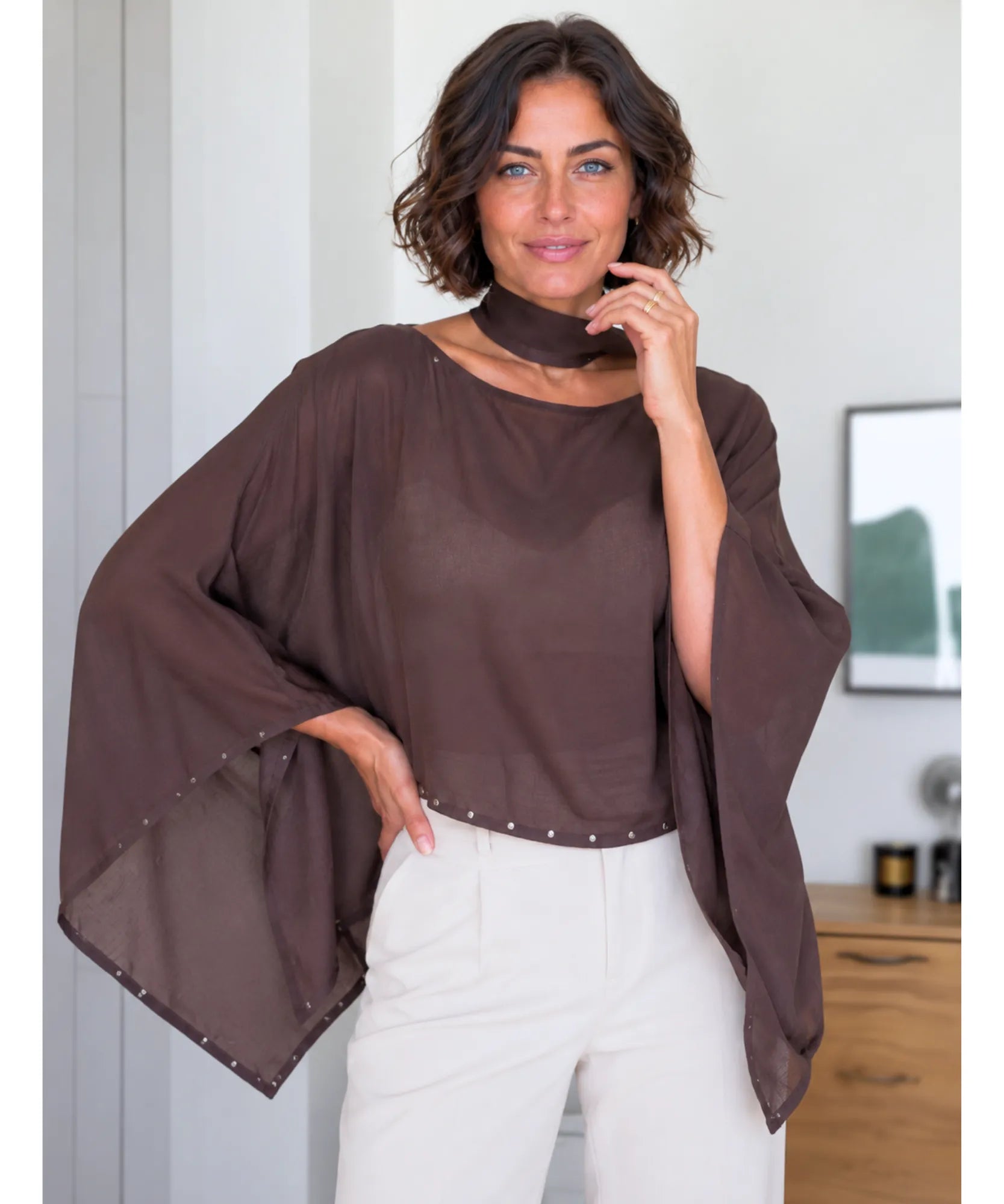 Comprar blusa manga morcego curta feminina marrom em promoção Anellimn