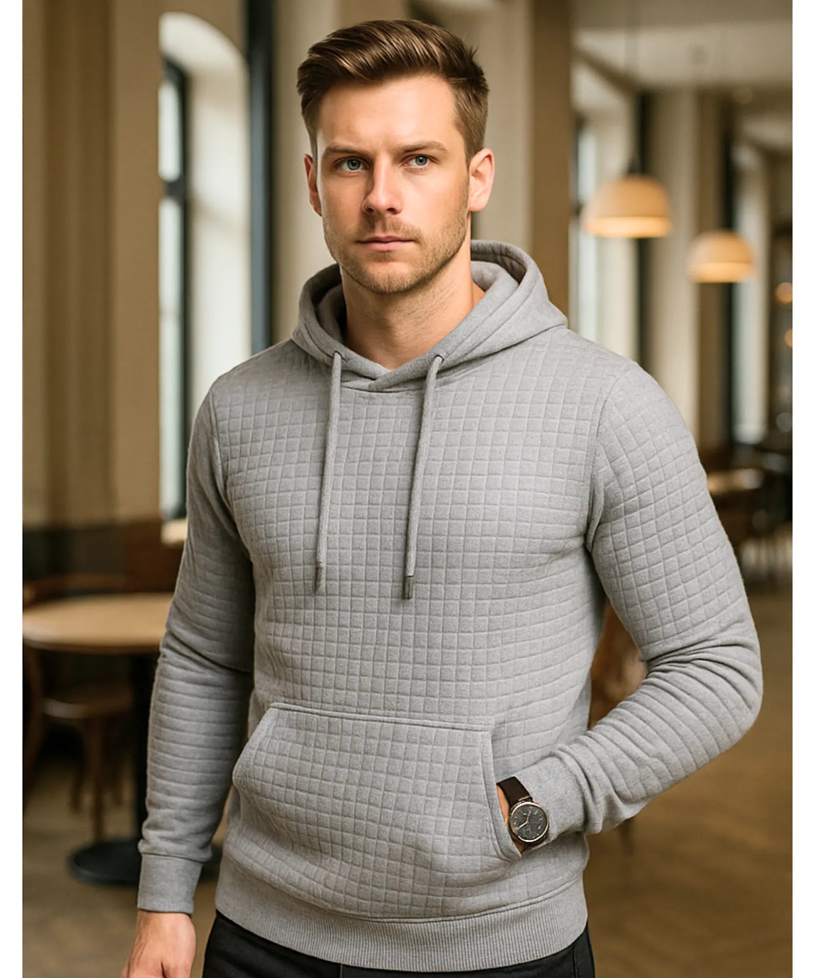 Comprar blusa masculina capuz moletom cinza texturizado inverno casual moderno premium em promoção ZARA