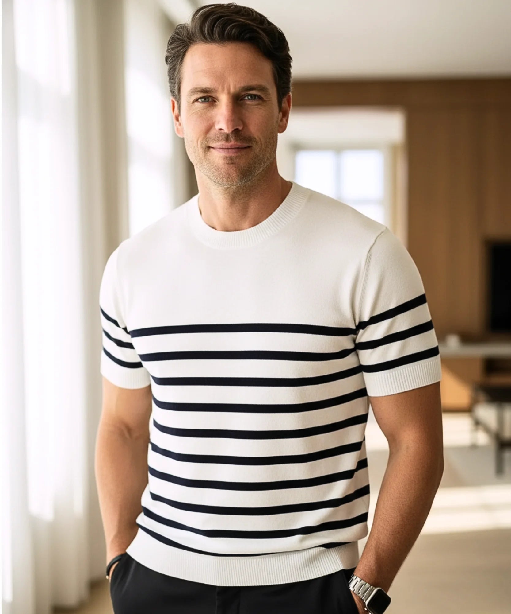 Comprar blusa masculina listrada malha canelada manga curta elegante casual barato ou em promoção